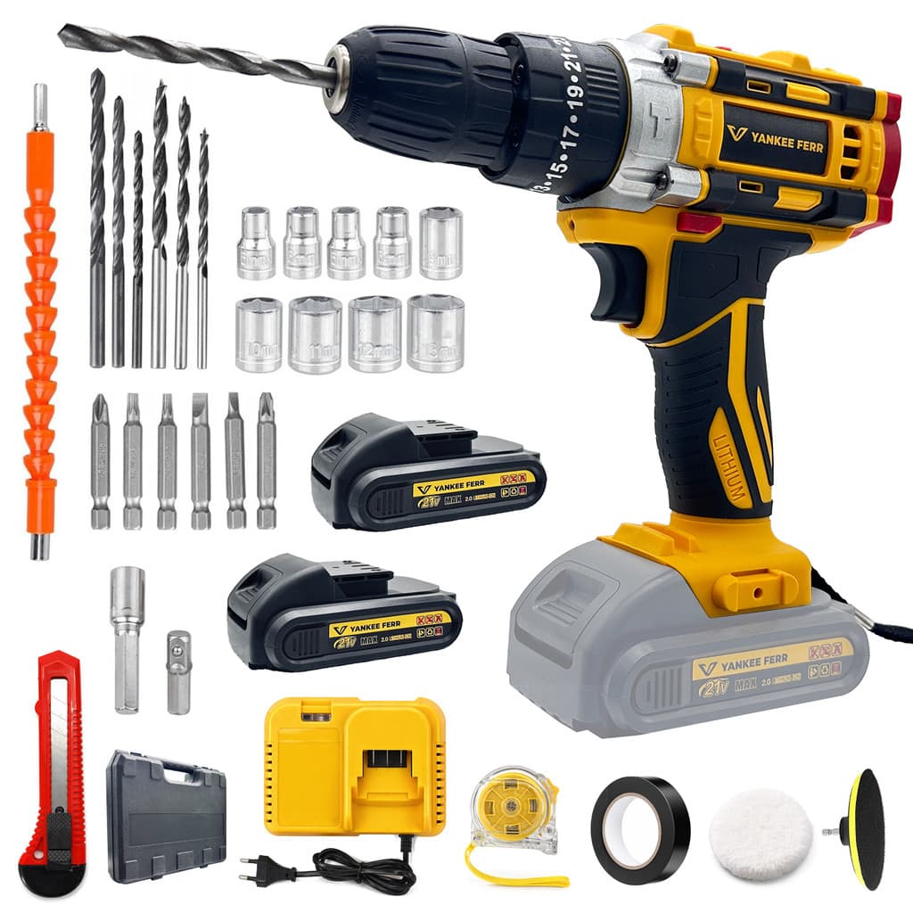 Kit Profissional 21V - Parafusadeira e Furadeira de Impacto Sem Fio com 2 Baterias + Trena Inclusa