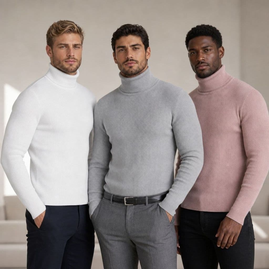 Kit 3 Cacharrel Masculina Tricô Canelado Gola Alta Suéter Blusa Casual Elegante Confortável Premium