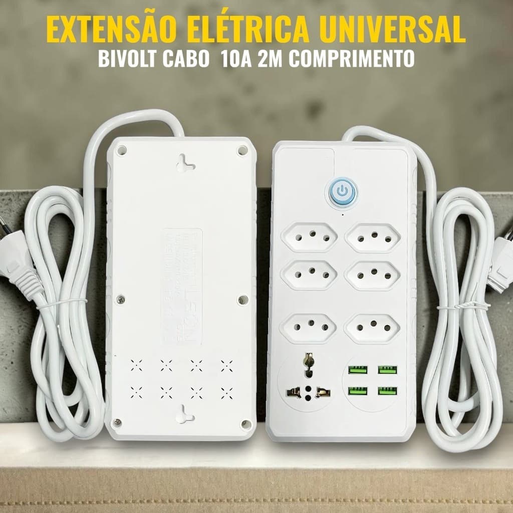 Régua Filtro de Linha com 7 Tomadas Extensão Elétrica 1 Universal 4 USB Bivolt 10A 110v/220v Cabo de 2 Metros Seguro