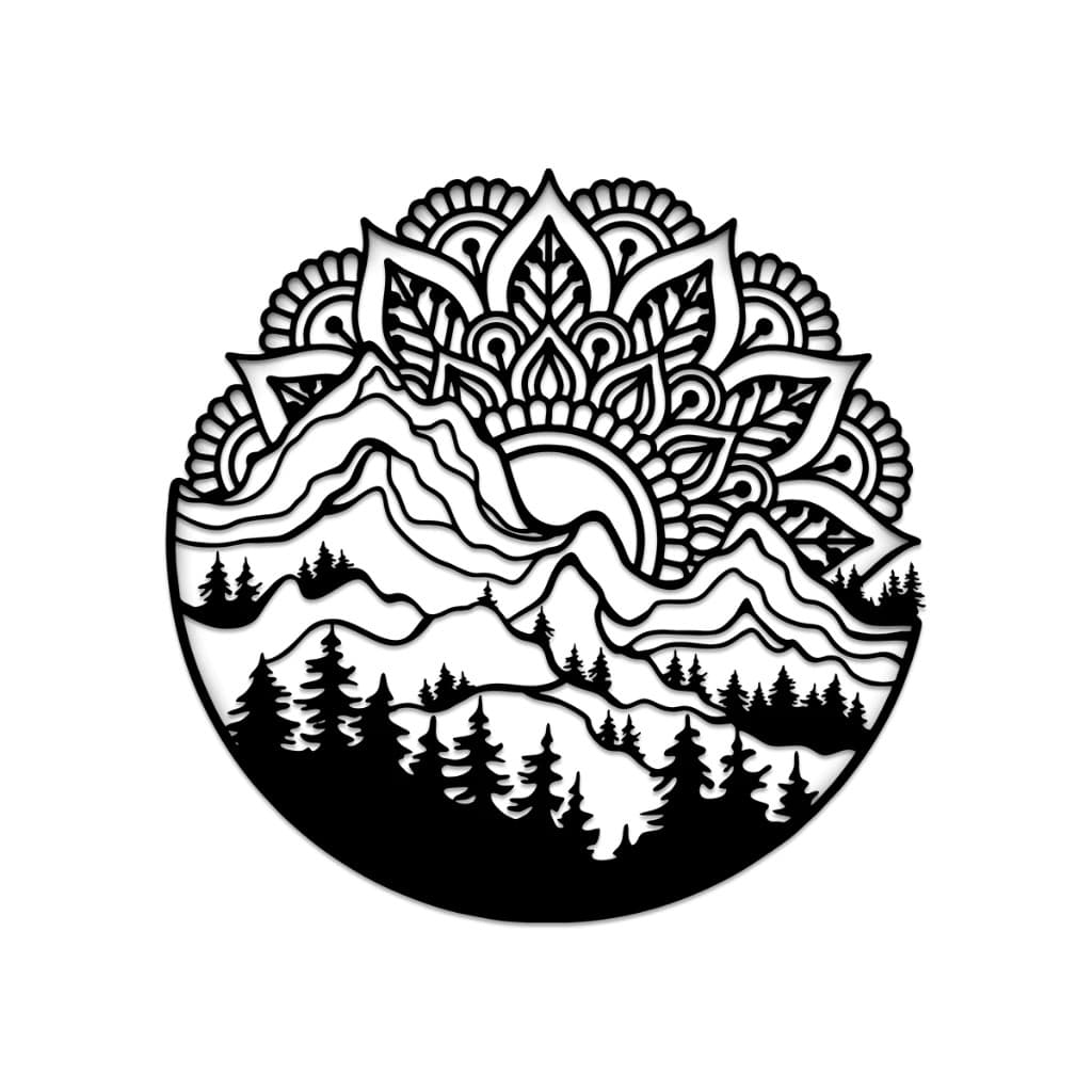 Quadro Decorativo Mandala com Montanhas em MDF Preto Estilo Boho Moderno para Sala Quarto Escritório