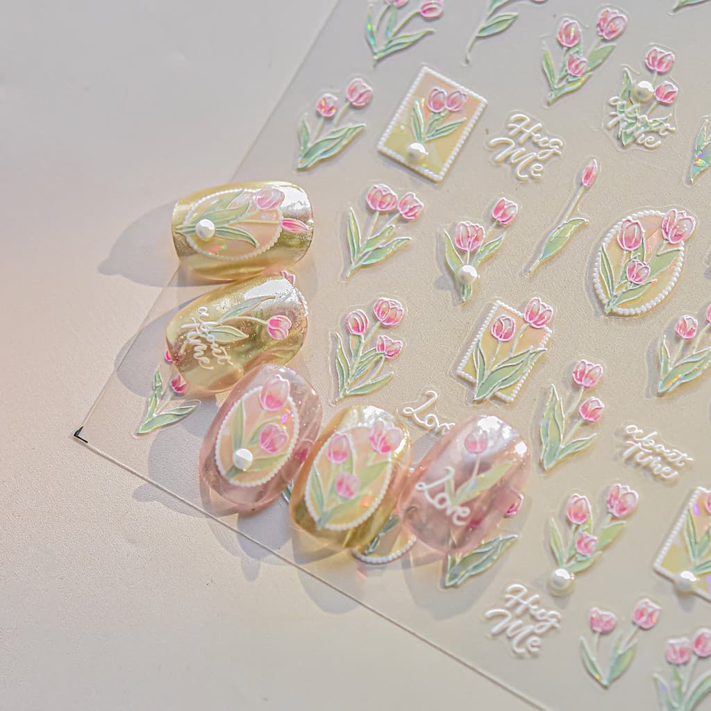 Nova pérola tulipa manicure adesivo em relevo tridimensional pérola flor ins estilo à prova dwaterproof água diy manicur