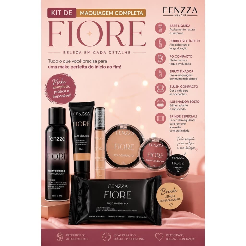Kit Maquiagem Completa Fenzza Fiore – Base, Corretivo, Pó, Blush, Iluminador e Fixador + Brinde