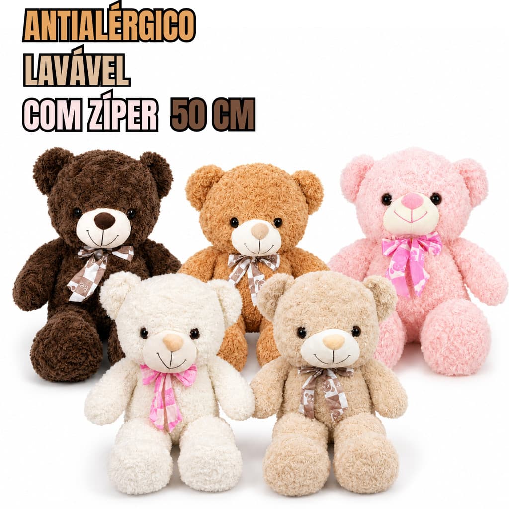 Urso de Pelúcia 50cm com Laço Antialérgico e Lavável