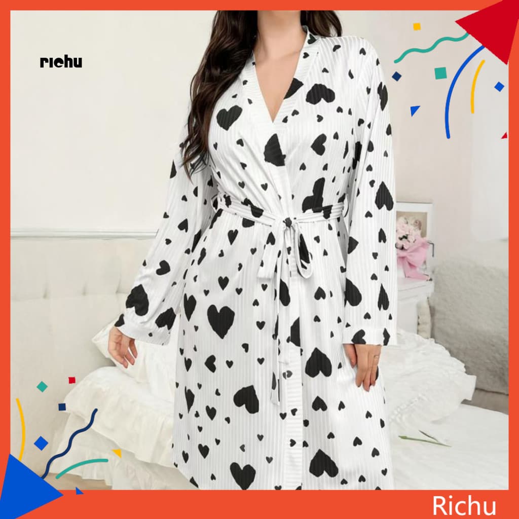 Women Nightgown Relaxed Fit Pajamas Women’s Heart Print Kimono Robe Soft Belted Bathrobe Mid-length Spa Loungewear Coz
