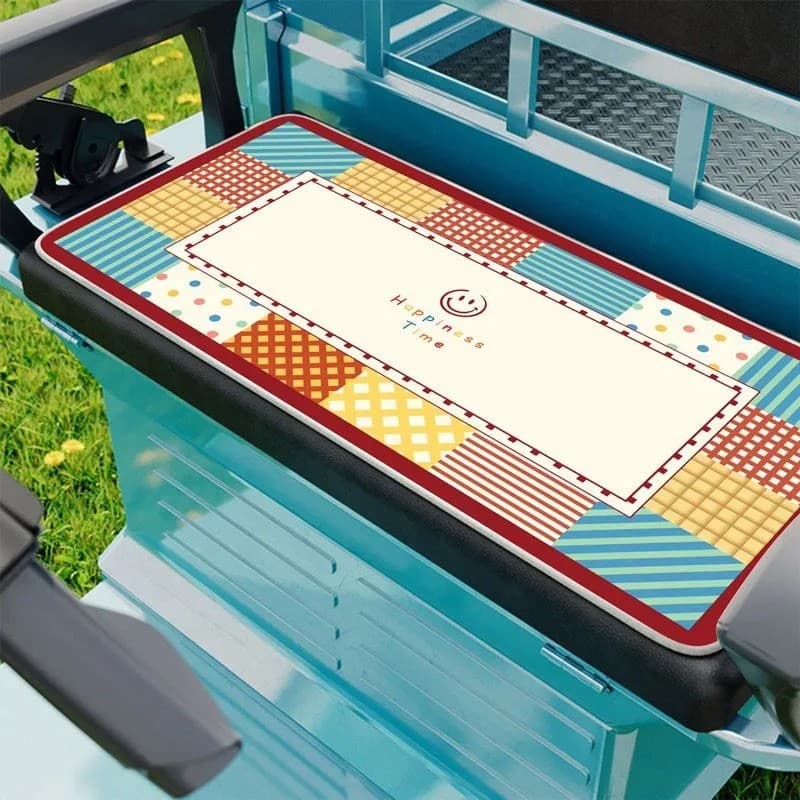 Almofada de assento de linho sintético para triciclo elétrico de uso doméstico, com design colorido em blocos que evoca