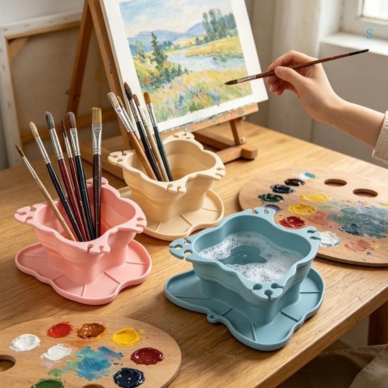 S Artist Brush Rinse Container Copo Silicone Dobrável Slots Descanso Jantes E Superfícies Texturizadas Para