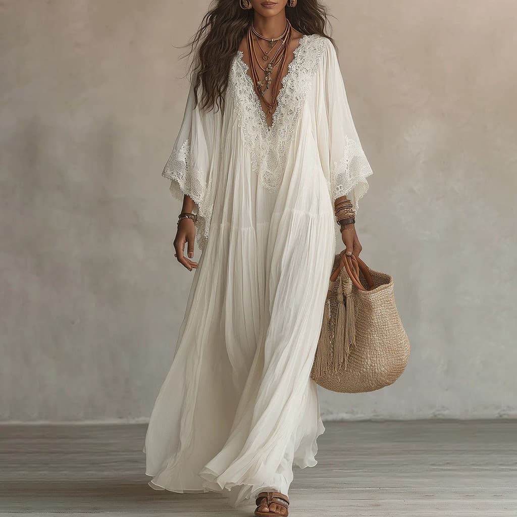 Vestido de praia de férias com decote em V longo manga morcego