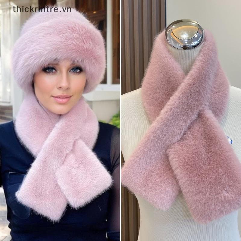 Cachecol Feminino de Inverno THI, Quente e Espesso, com Decote Cruzado, Cor Sólida, em Pele Sintética de Coelho, à Prova