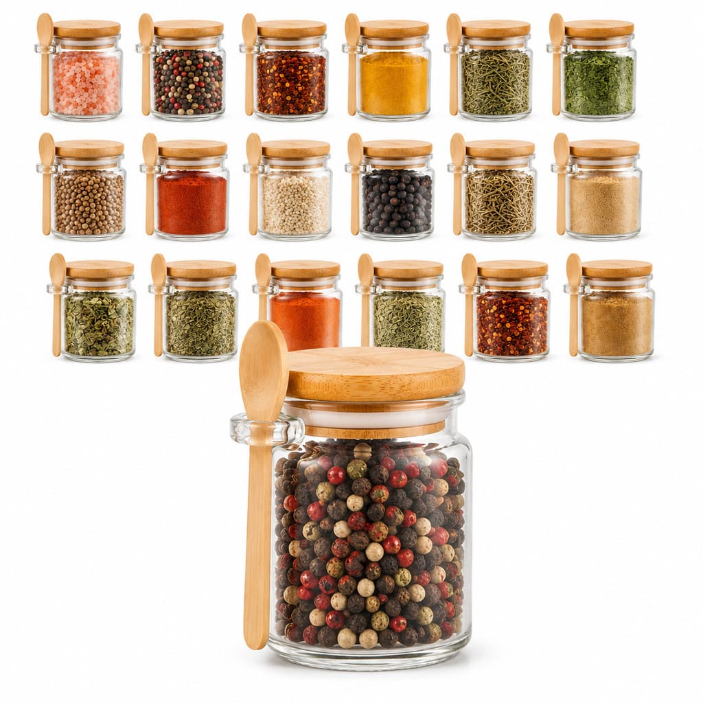 Kit 20 Porta Temperos 200ml com Colher Potes de Vidro Herméticos Tampa Bambu Saleiro Organizador para Cozinha