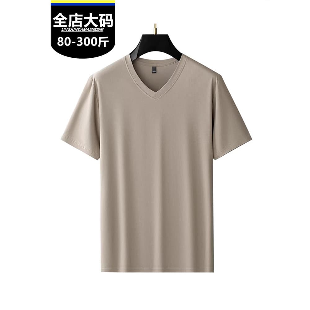 Disange Camiseta de seda gelada com decote em V Fat Guy Plus Size Top masculino verão All-Match fino manga curta cor sól