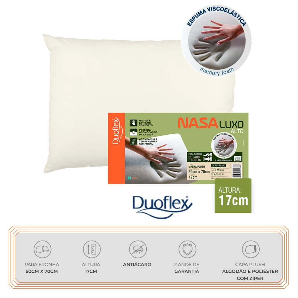 Travesseiro Espuma Nasa Luxo Alto Duoflex Proteção Antiácaros