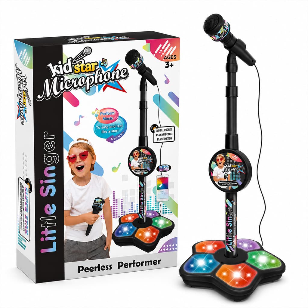 Microfone Infantil Karaokê Pedestal Caixa de Som LED Brinquedo Menina Conecta Celular MP3 1MT