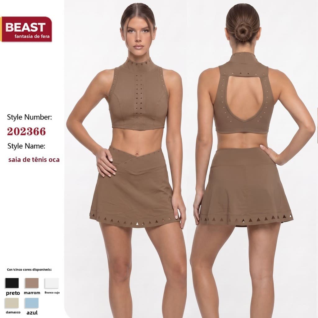 Conjunto de Saia de Tênis com Costas Vazadas Exclusivas para Mulheres, Roupa de Tênis Estilo Regata, Conjunto de Fitness