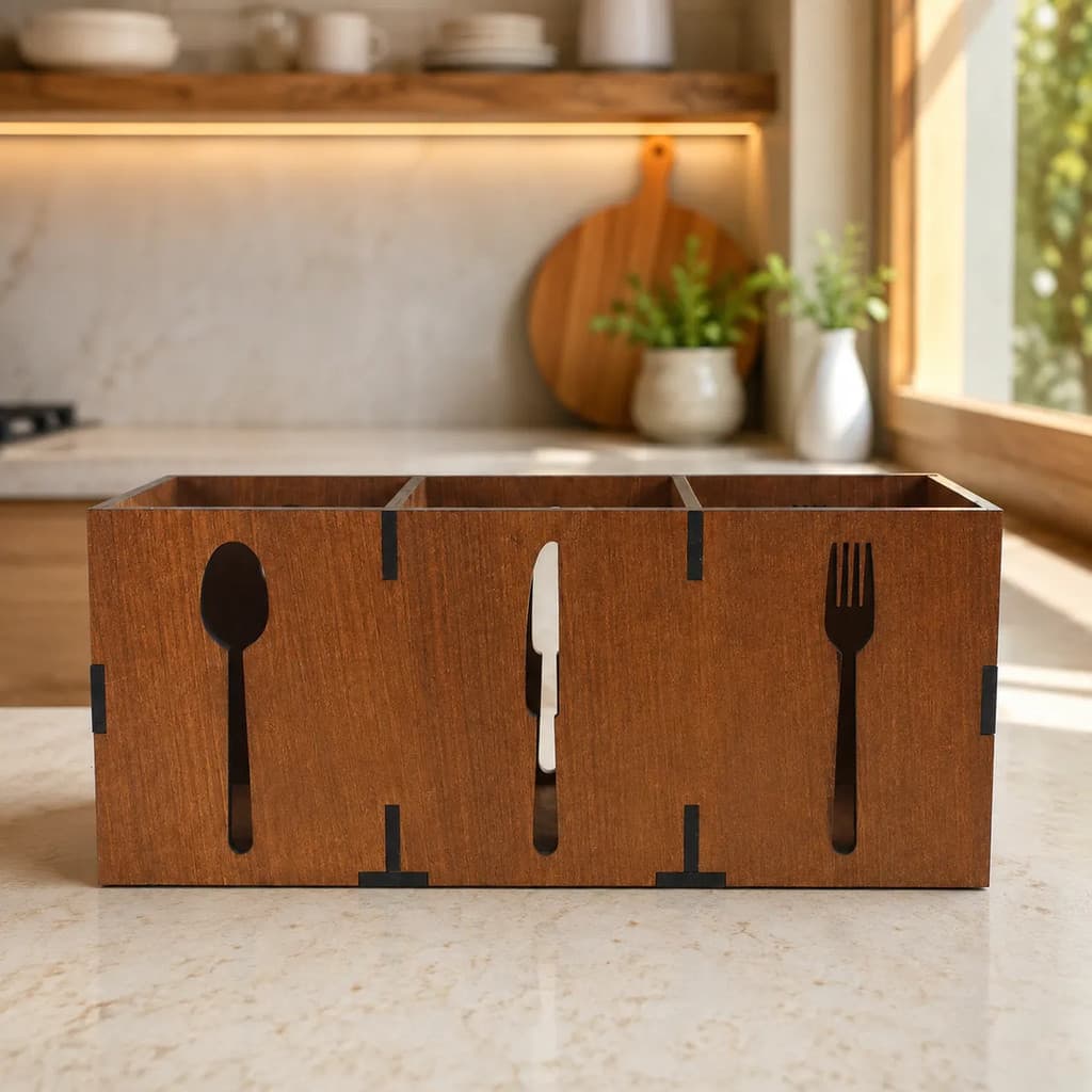 Porta Talheres Em MDF Premium Organizador Cozinha Mesa Cru Divisórias Gaveta Madeira Moderno