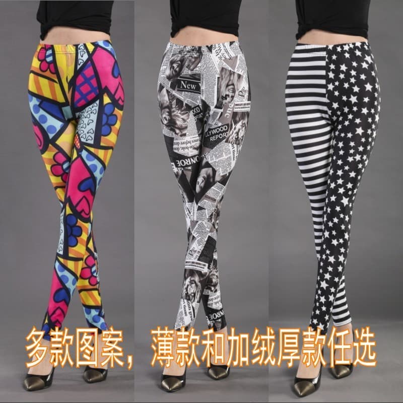 Outono inverno forro de lã Leggings flor calças Retro impresso listrado Graffiti assimétrico estiramento calças feminina