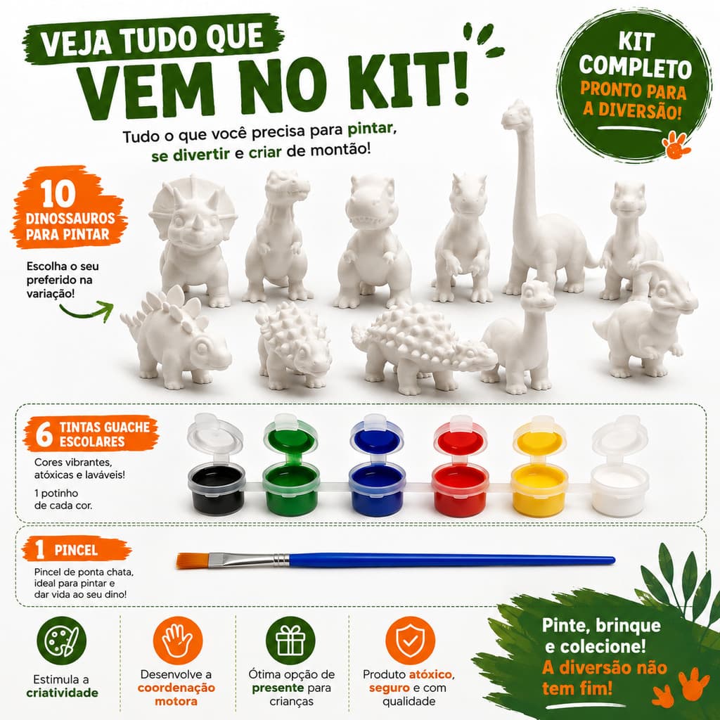 Dinossauro para Pintar Infantil 13cm + 6 Tintas Guache + Pincel | Jurassic World (Mundo Jurássico)