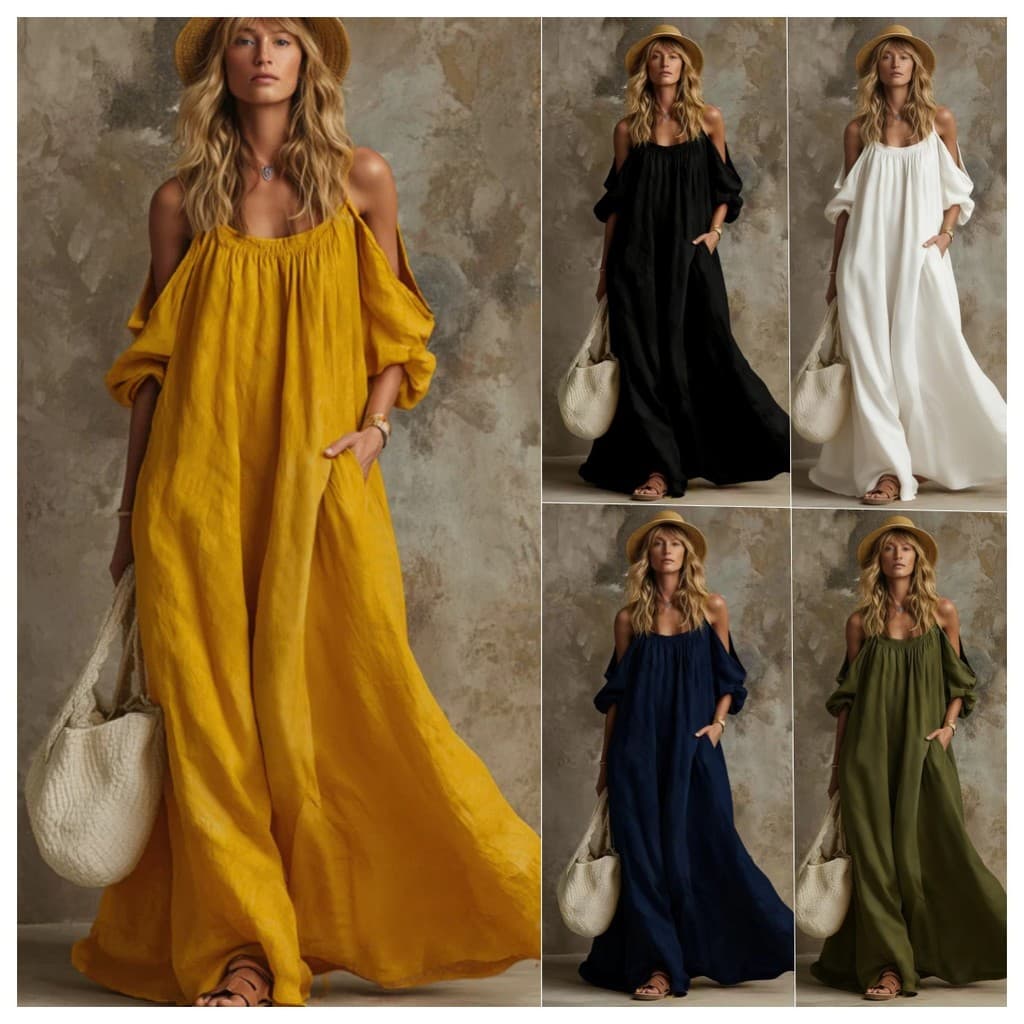 Vestido longo casual elegante com bolsos e ombros à mostra, vestido casual de algodão e linho em tamanho grande.