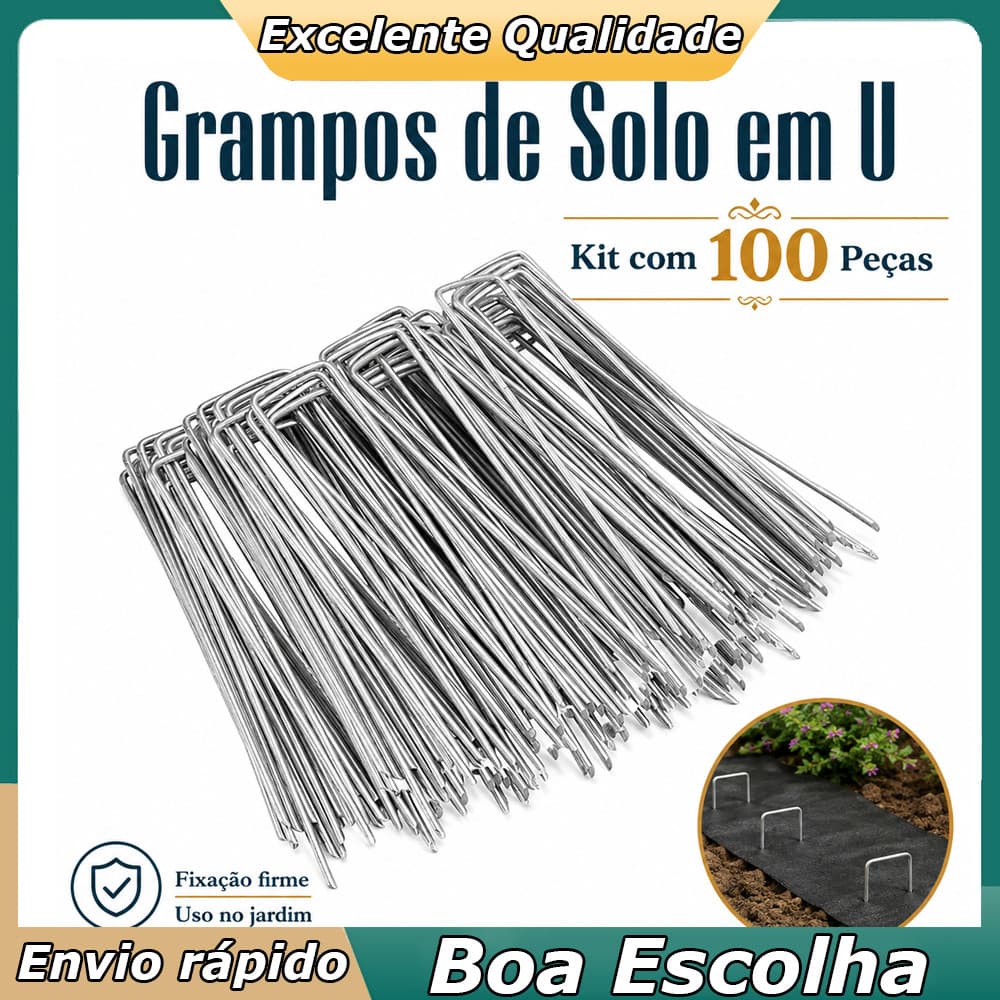 Grampos de Jardim em U Prateados 100 Peças, Estacas para Fixar Grama, Lona, Cerca, Tela e Cabos Externos com Firmeza