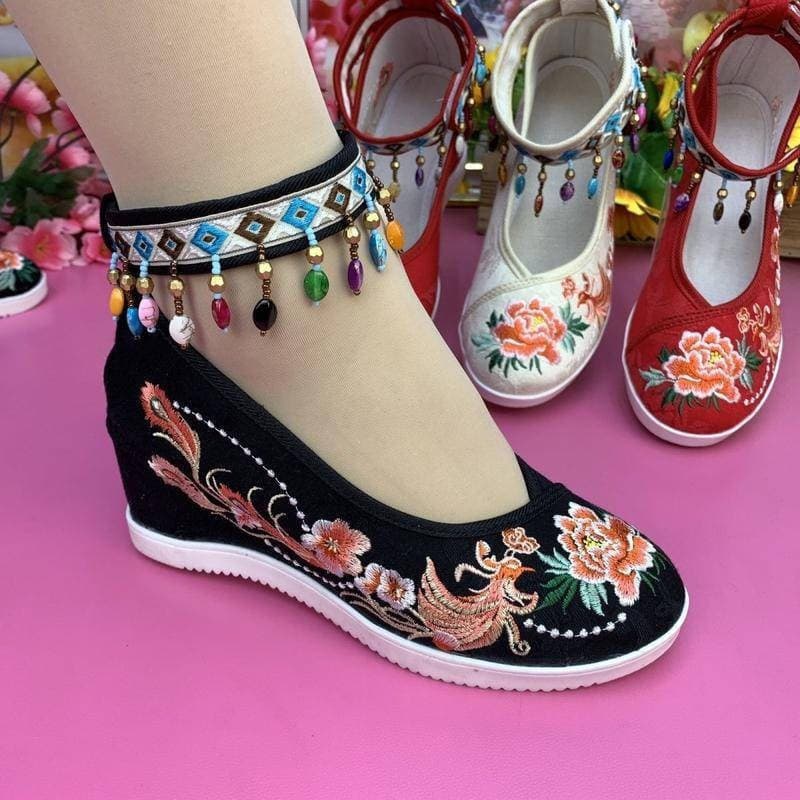 Sapatos Femininos Vintage Pequenos Bordados de Tecido, Dança Hanfu, Estilo Étnico, Sola de Couro, Au A6NB EENU
