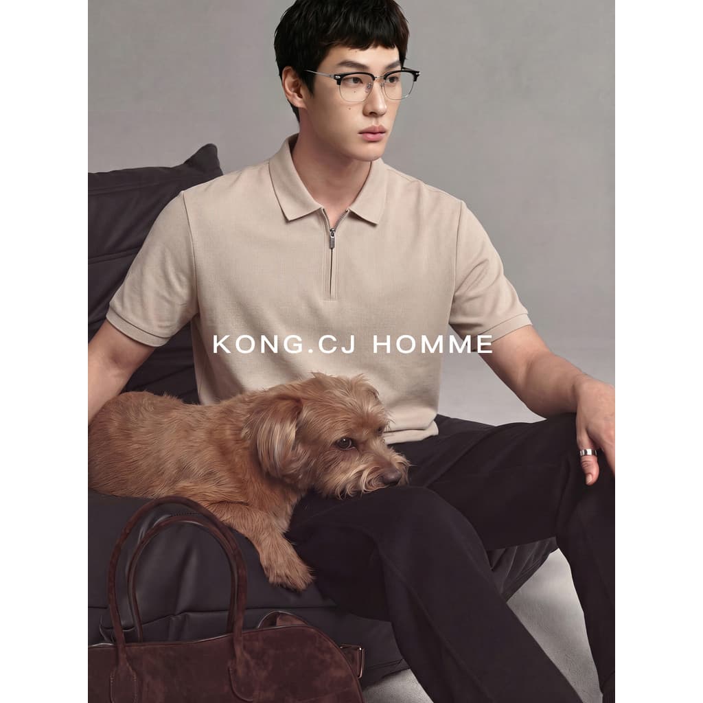 KCJ High-End zíper meia palma camisa POLO de manga curta masculina 2026 verão novo estilo respirável estilo velho dinhei