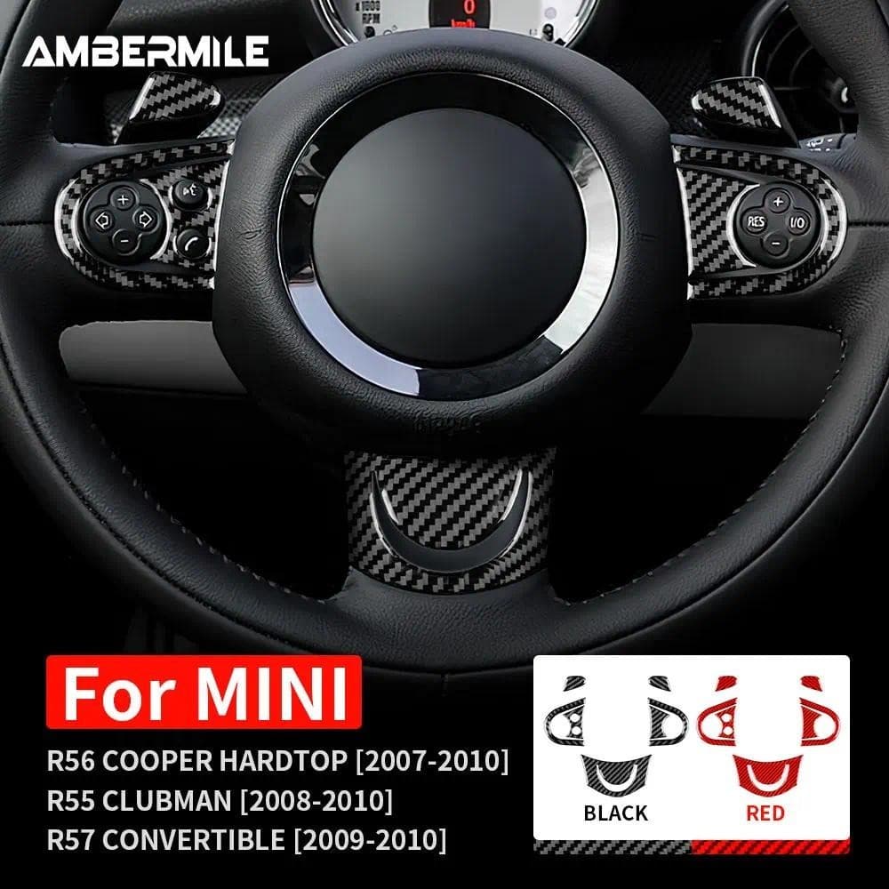 Âmbarmile Fibra De Carbono Para Mini Cooper Hardtop R56 Clubman R55 R57 Acessórios Interior Botão Do Volante Carro Capa