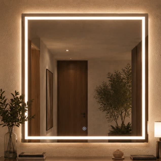 Espelho Quadrado 70x70cm com LED Mais Forte 3 Cores, Touch, Jateado Lapidado para Penteadeira Banheiro Luxo