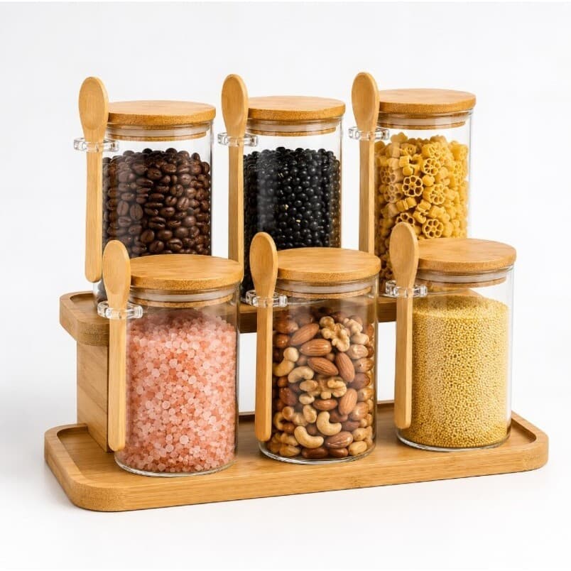 Kit Porta Temperos Vidro 250ml com Colher Tampa Bambu Potes Herméticos Organizador Cozinha Condimentos