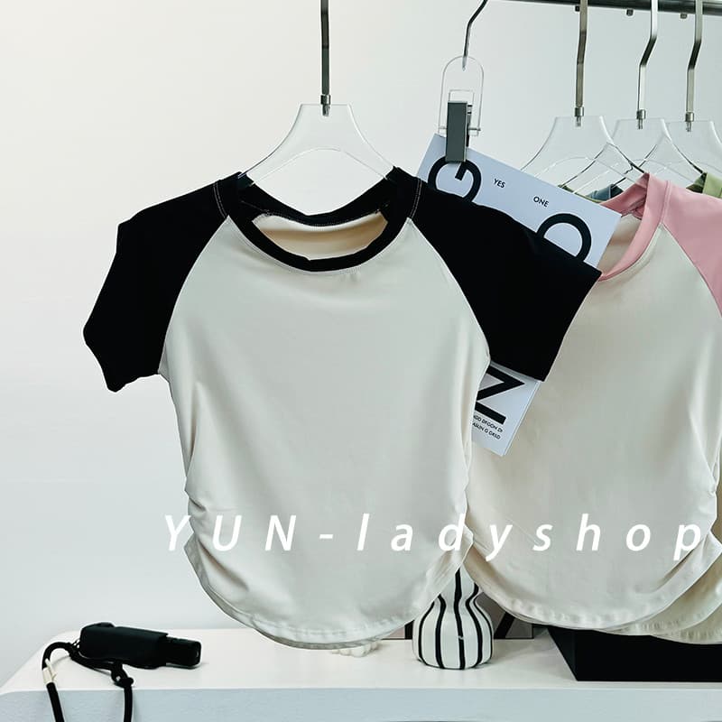 Roupas de Yoga femininas de manga curta esportes topo correndo treinamento roupas de Fitness bloqueio de cor em torno do