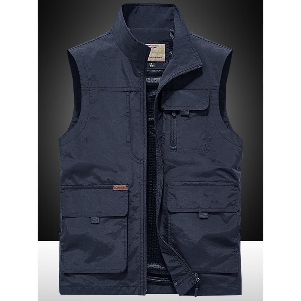 Outono colete masculino lazer ao ar livre fino solto Multi-bolso colete primavera outono gola alta tamanho grande viagem