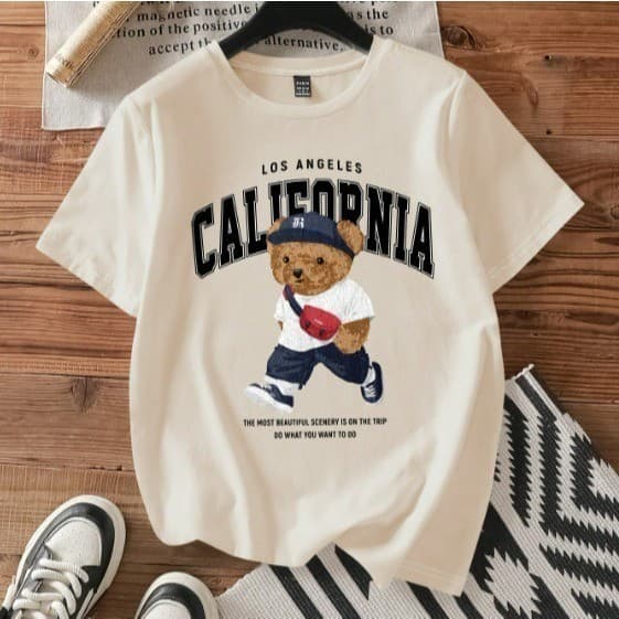 Camiseta Básica Feminina Manga Curta Estampa Urso California Casual Estilosa 100% Algodão