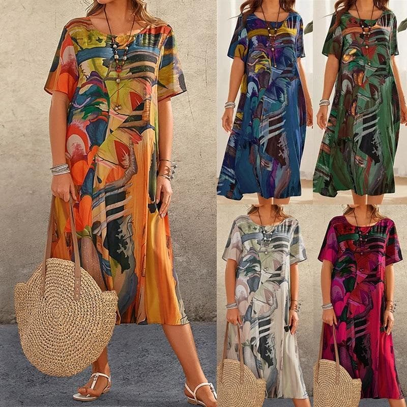 2026 Cross-Border moda Casual vestido impresso verão manga curta cintura em torno do pescoço solto praia vestido longo
