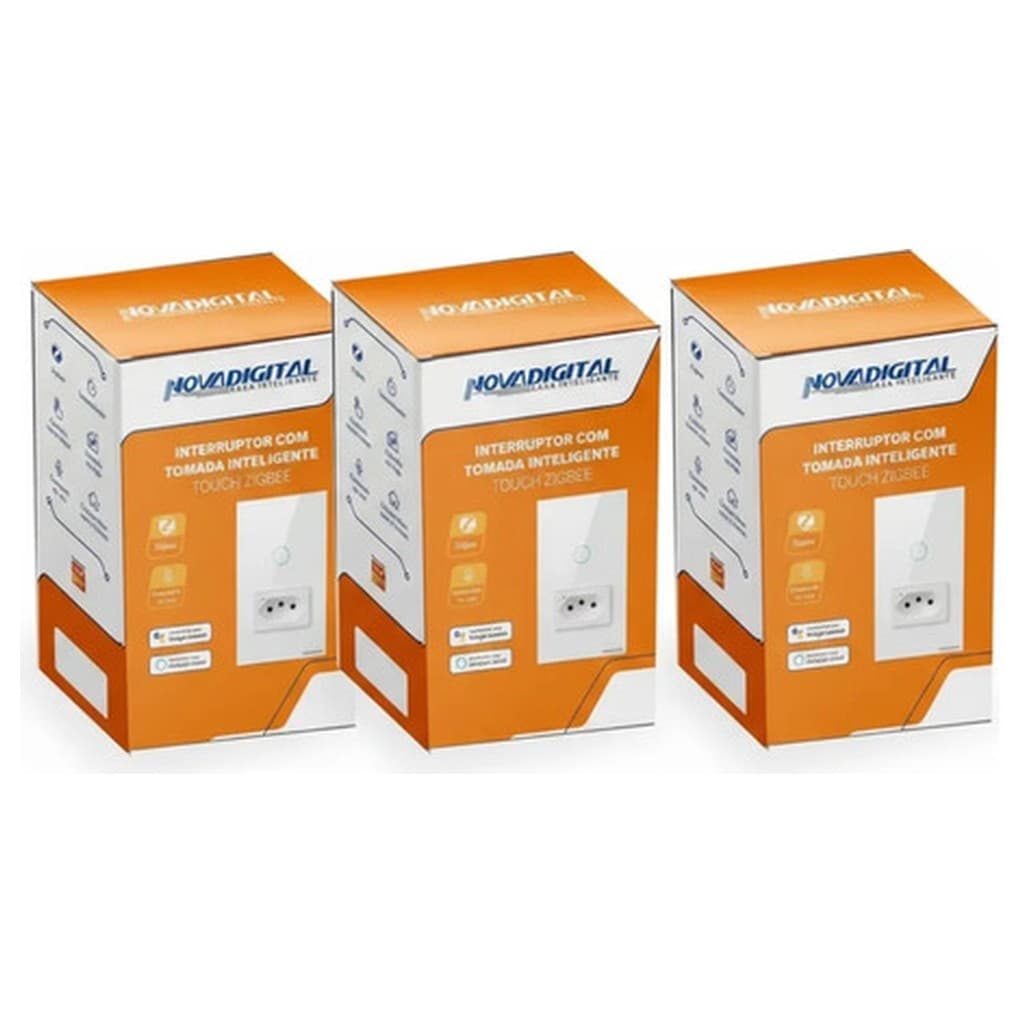 Kit 3 Interruptor Touch Zigbee 1 Botão com Tomada 127/220V Branco Novadigital Inteligente Automação Residencial Cabeado