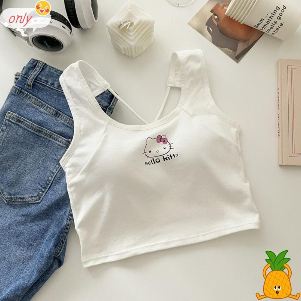 ONLYGOODS Regatas , Tops Curtos Respiráveis De Tamanho Único , Estilo Hello Kitty Fofo Feminino Estilingue