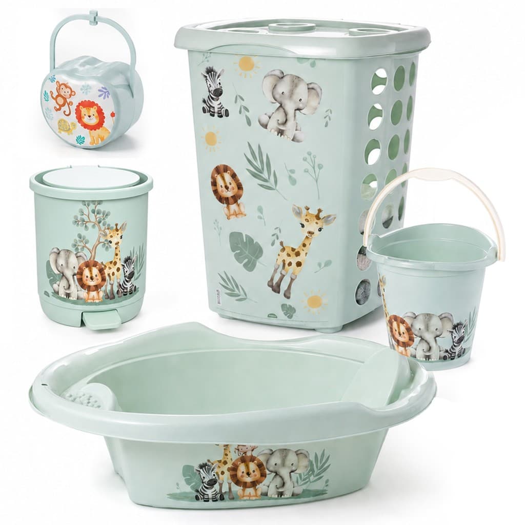 Kit Banheiro Do Bebê Completo Bichinhos Infantil Banheira Cesto De Roupas Balde Lixeira - Plasútil