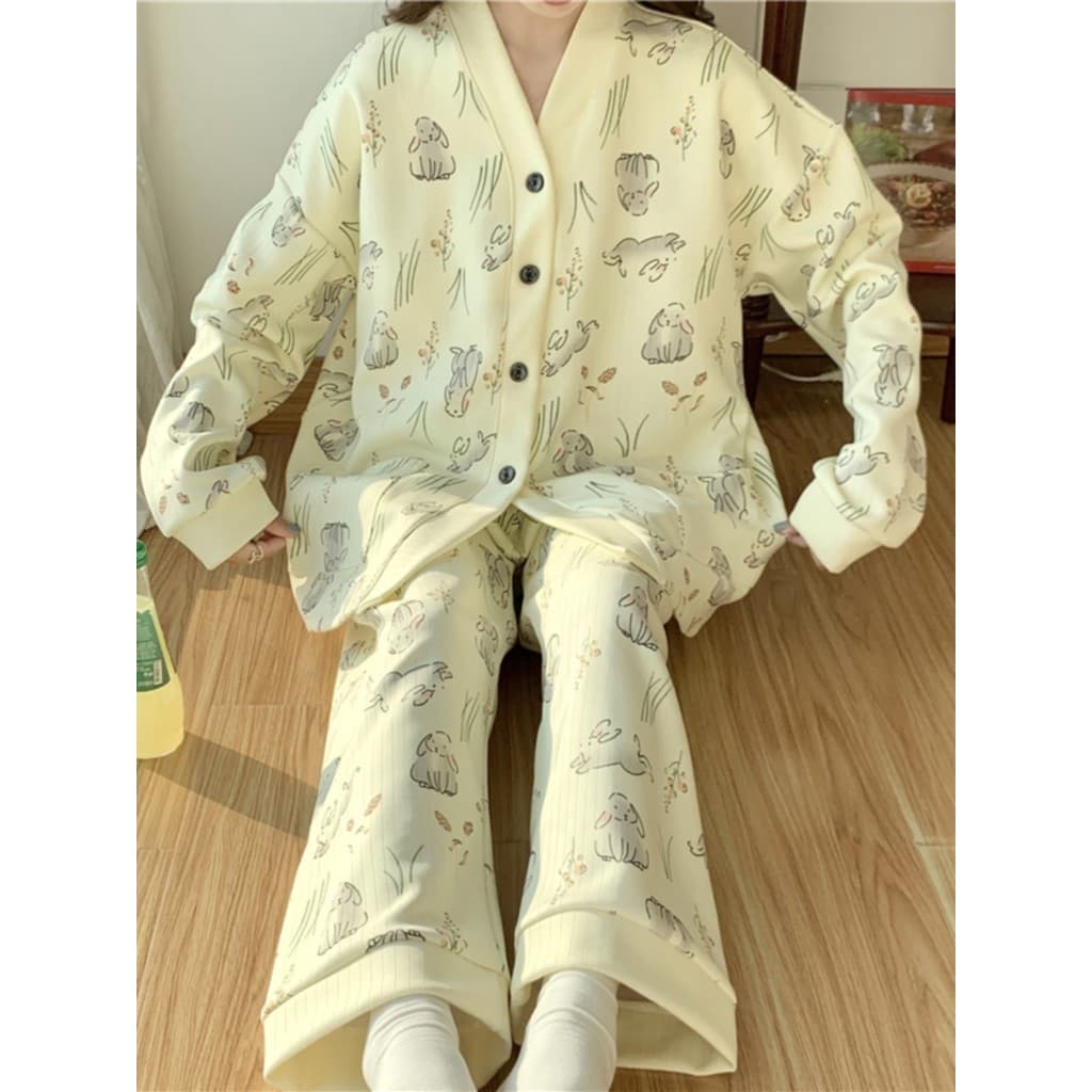 Pijamas com almofada no peito feminino primavera outono manga comprida bonito dos desenhos animados estudante irmã gorda