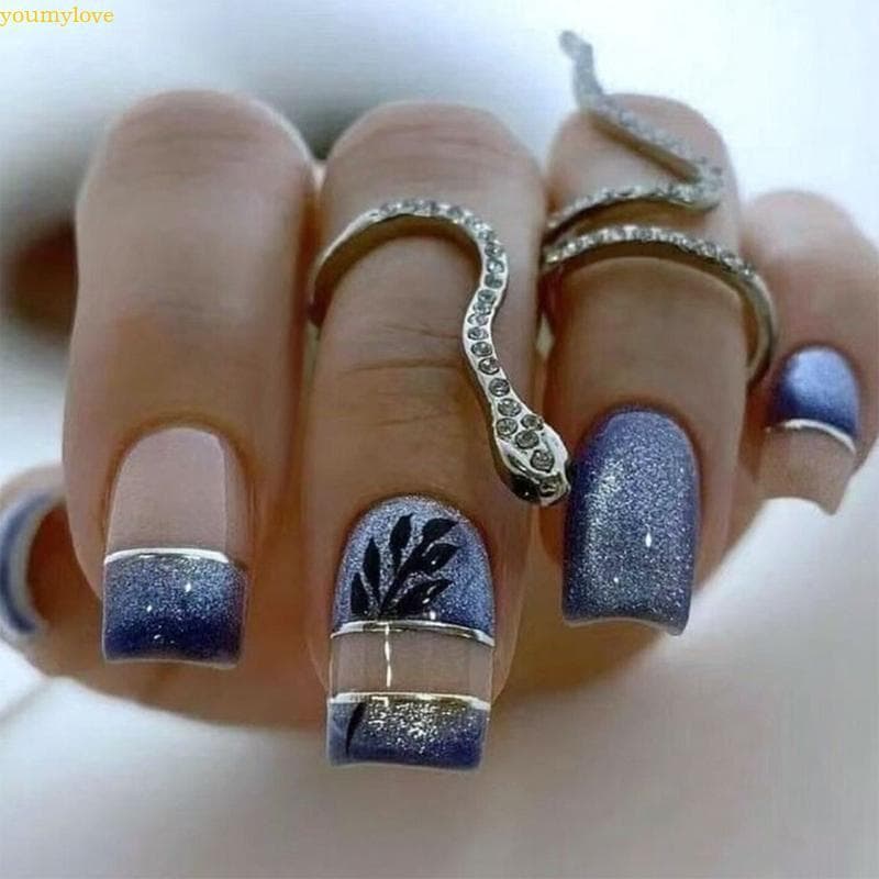 youmylove 24 Peças Folhas Unhas Acrílicas Azuis Prensadas Falsas Quadradas Médias Para