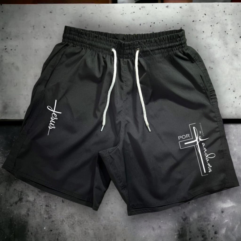 Bermuda Tactel "por fé andamos" Short Praia Mauricinho Esportivo Treino Academia Masculino