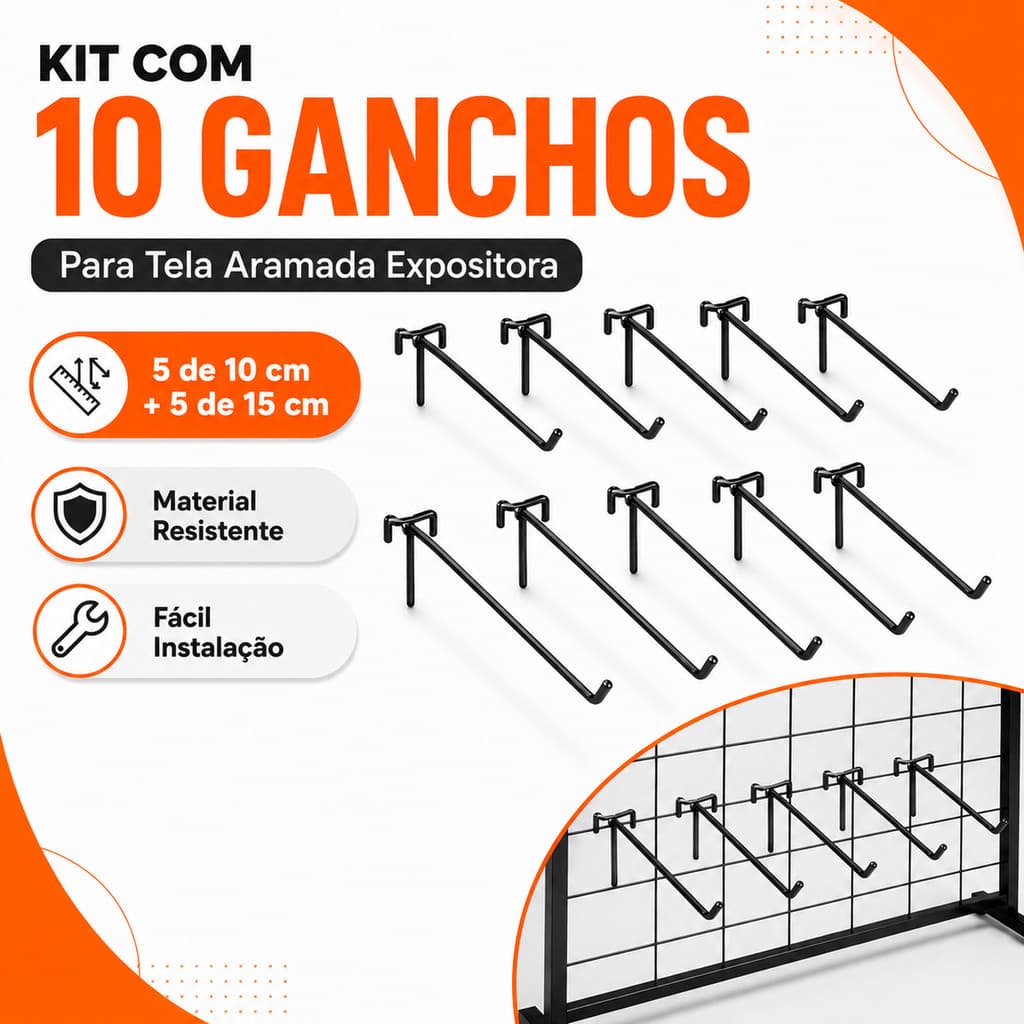 10 Ganchos para Tela Aramada 10cm e 15cm para Expositor de Loja e Painel Aramado