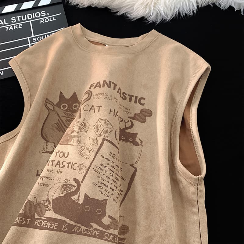 Camiseta masculina de camurça pesada sem mangas, roupa de rua de verão, roupas retrô americanas, colete esportivo solto