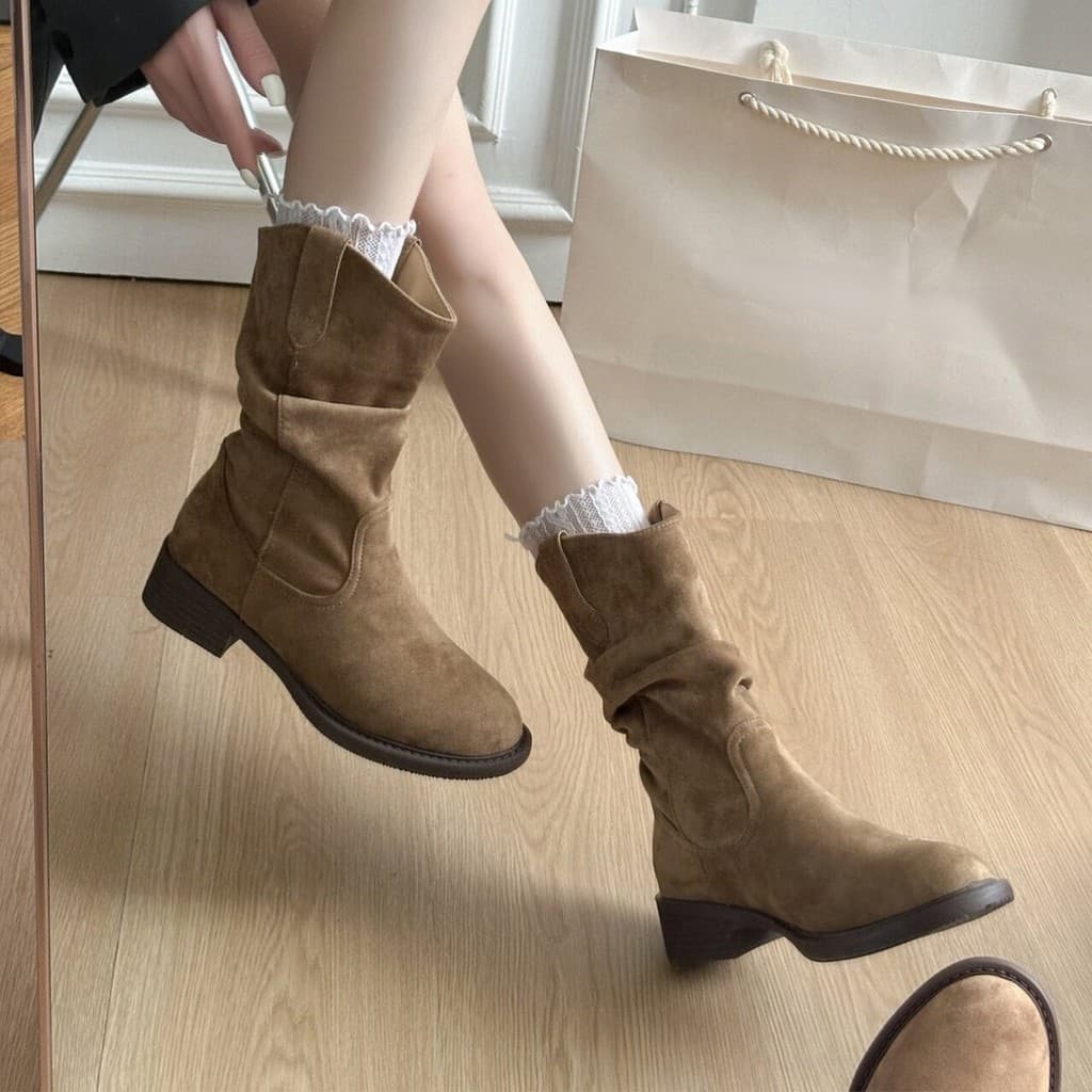 Melad botas de cano médio femininas 2026 novo estilo outono Retro ocidental botas de Cowboy salto grosso pilha Martin bo