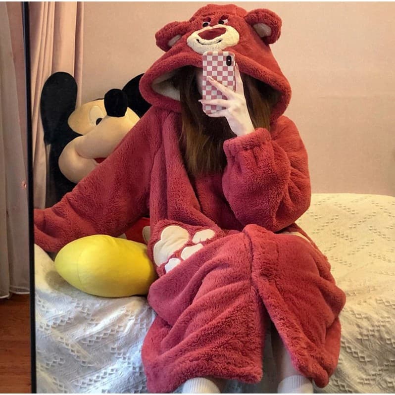 Morango urso dos desenhos animados bonito camisola outono inverno engrossado meninas terno quente pijamas roupas para ca