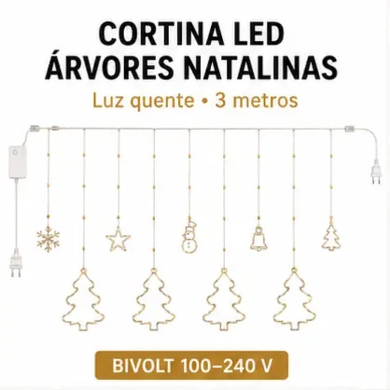 Cortina LED Natalina 3 Metros com 10 Pendentes Decorativos Luz Quente – OIH-9660