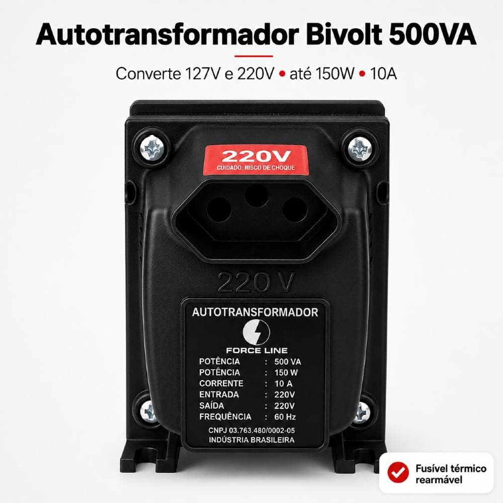 Auto Transformador 500VA Tomadas Bivolt Conversor 110V para 220V Proteção Térmica Notebook Computador Modem Force Line