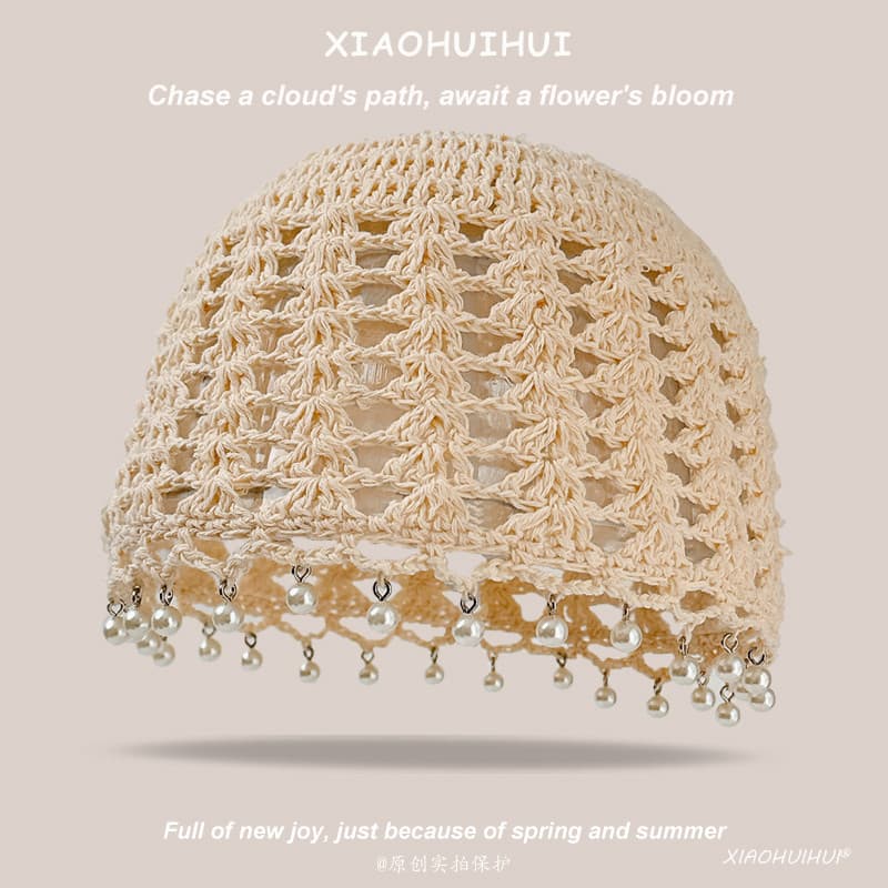 Estilo étnico tecido à mão balde chapéu feminino verão respirável oco chapéu de malha Baotou chapéu pérola borla chapéu