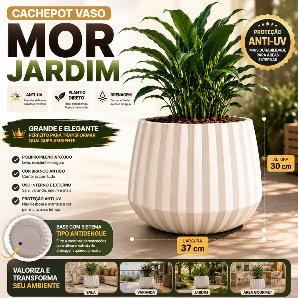 Vaso Cachepot 37cm Branco Antigo Vaso para Planta Com Prato