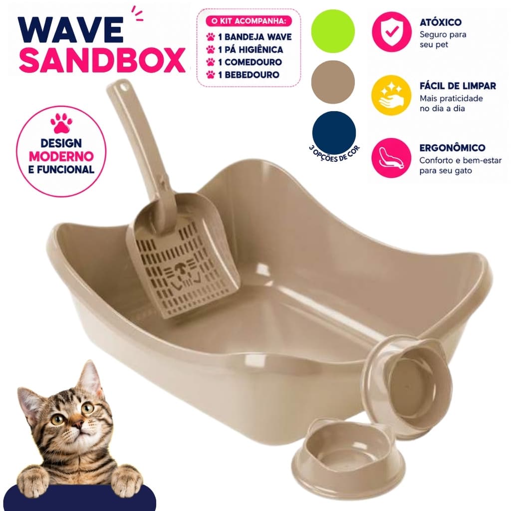 Kit Caixa de Areia Bandeja Sanitária Higiênica Stark Pet Com Pá e 2 Comedouros