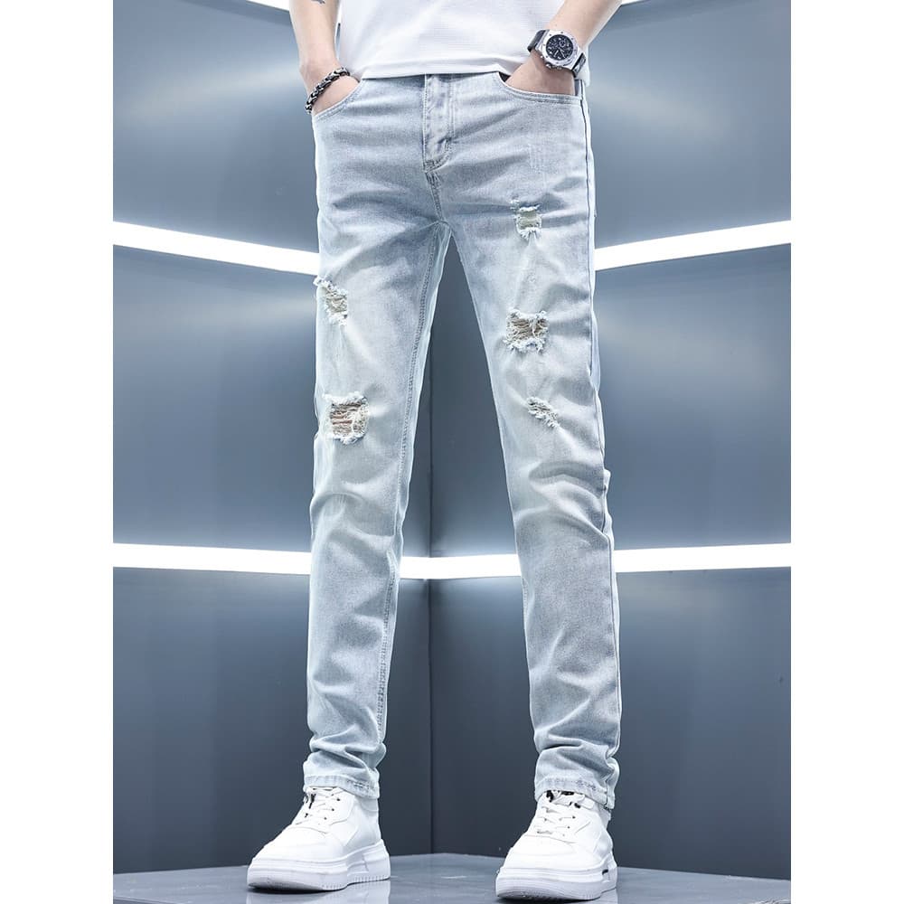 2026 novo estilo Jeans masculino verão fino cor clara rasgado Street Wear rufião bonito magro-ajuste calças magras estil