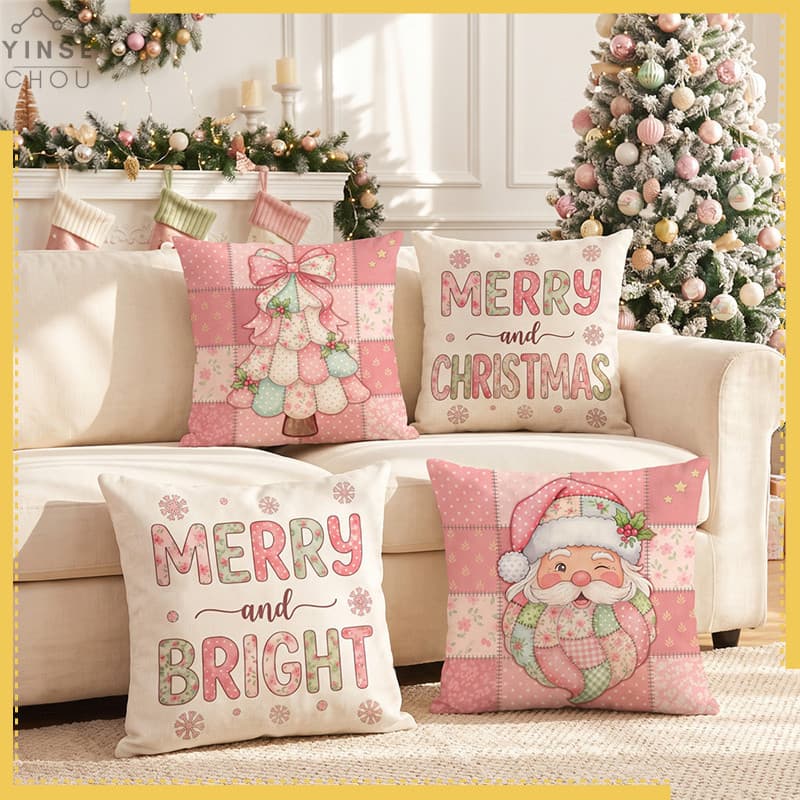 Capa de almofada de Natal rosa sem enchimento, Papai Noel, laço, árvore de Natal, almofada de sofá, almofada de cabeceir