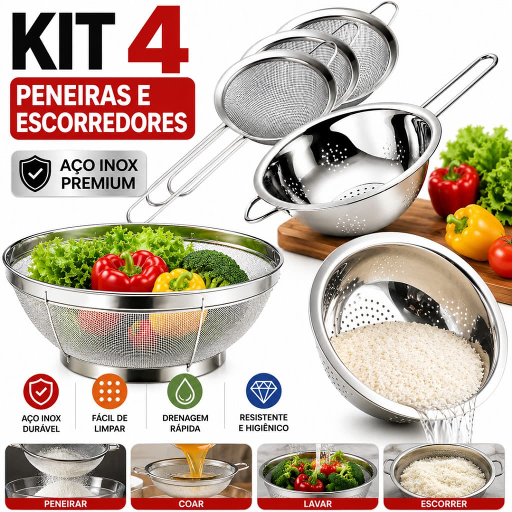 Kit 4 peças Escorredor De Arroz + Escorredor De Macarrão + Escorredor telado + 3 Peneiras