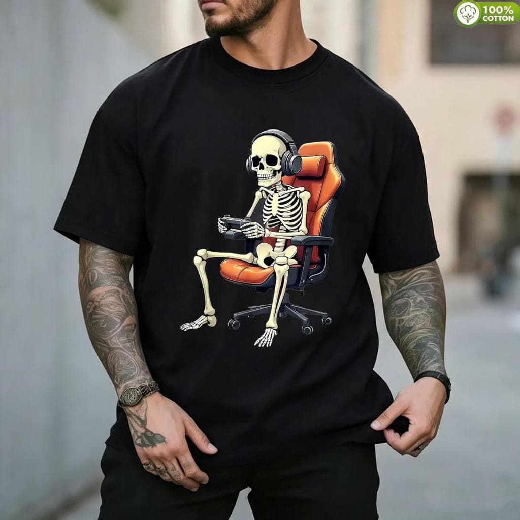 Algodão Casual/Engraçado, Camiseta Masculina, Estampa de Esqueleto Gamer com Headset e Cadeira, Uso Diário/Verão, Para N